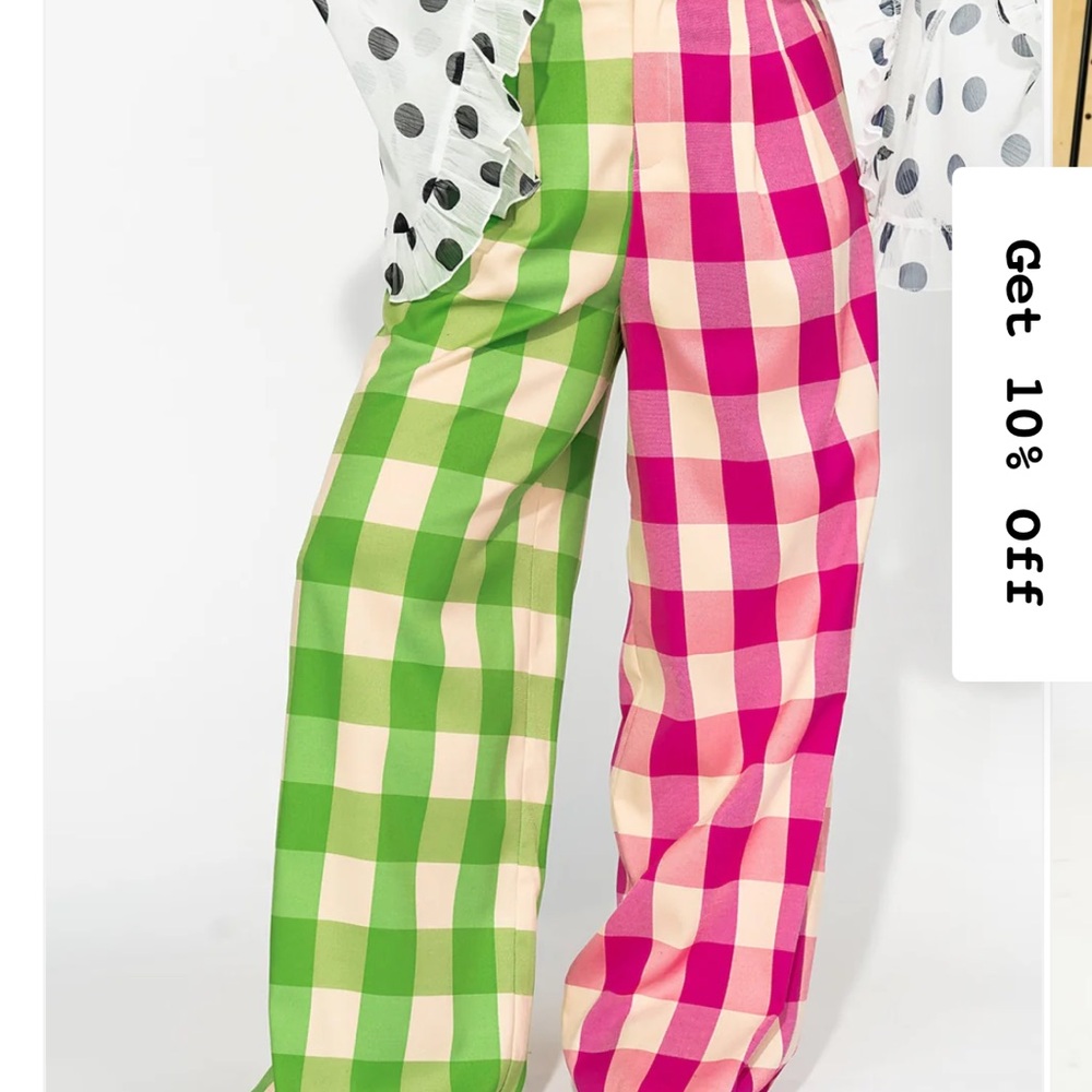 Dressed in Lala Gemini Half & Half Trousers in Pink + Green